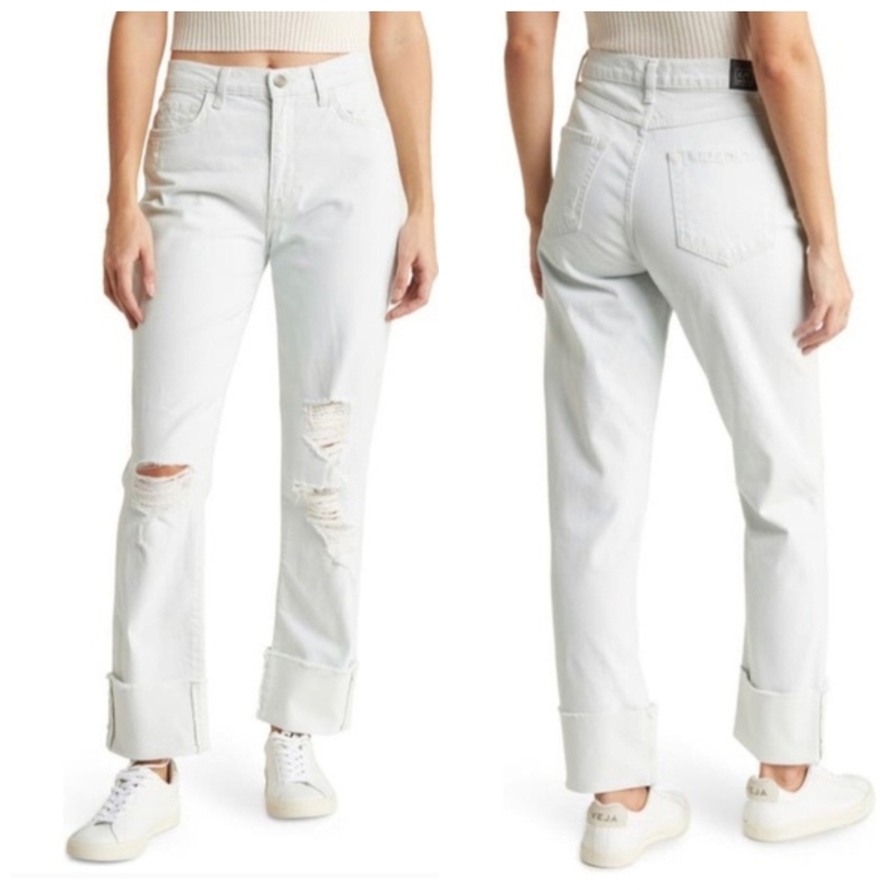 Current/Elliott Relaxed Cuffed Boyfriend Jeans White Distressed Size 27 NWT